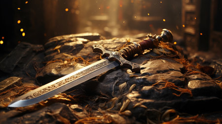 a sword lying on a rockの素材