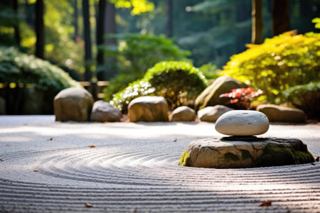 a rock garden with a circular pattern in the sandの素材