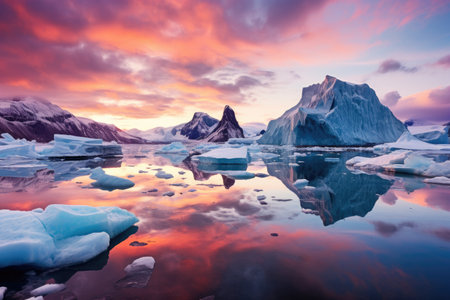 icebergs in the water with mountains in the backgroundの素材