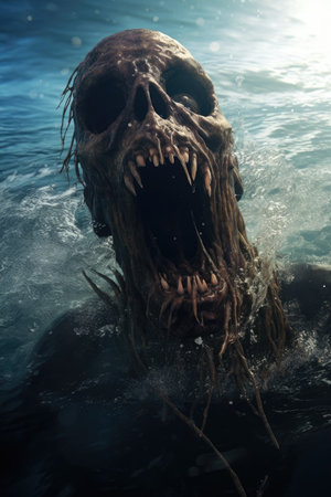 a person swimming in water with a skull headの素材
