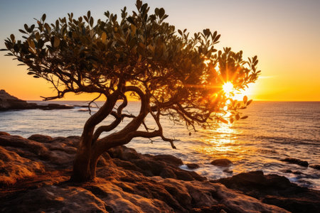 a tree on a rocky beachの素材