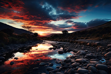 a river with rocks and a sunsetの素材