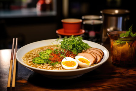 a bowl of ramen with eggs and meatの素材