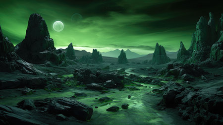 a landscape with rocks and a moonの素材