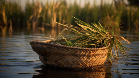 a basket with grass in it in waterの素材