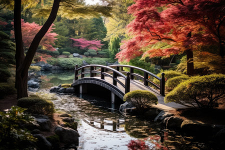 a bridge over a river with trees and plantsの素材