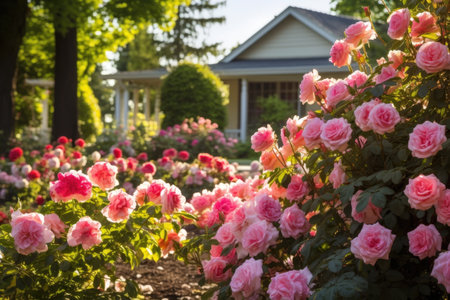 a group of pink flowers in a gardenの素材