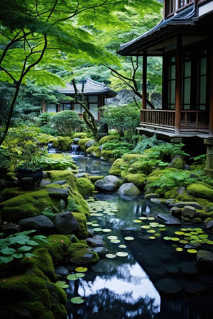 a pond with water and plants around itの素材