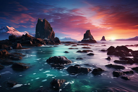 a rocky beach with mountains in the backgroundの素材