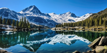 a lake with trees and mountains in the backgroundの素材