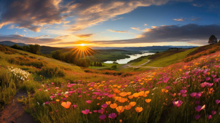 a field of flowers with a river in the backgroundの素材