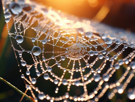 a spider web with water droplets on itの素材