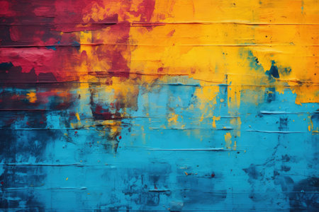 a blue and yellow paint on a wallの素材