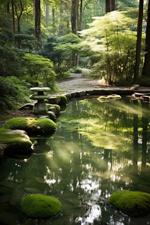 a pond with rocks and trees in the backgroundの素材