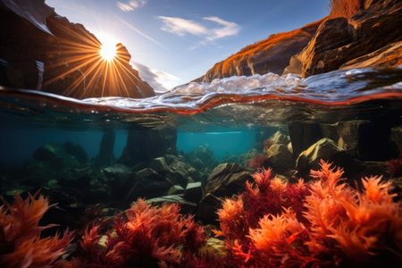 a water surface with rocks and plants under waterの素材