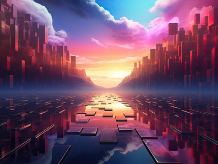 a city with many squares and a reflection of the waterの素材