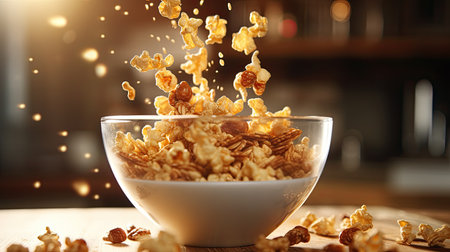 a bowl of popcorn and milkの素材