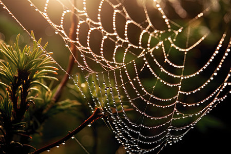 a spider web with water droplets on itの素材