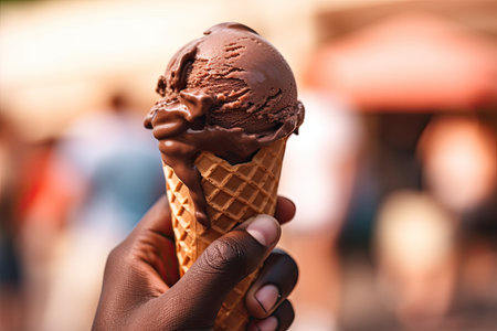 a hand holding a chocolate ice cream coneの素材