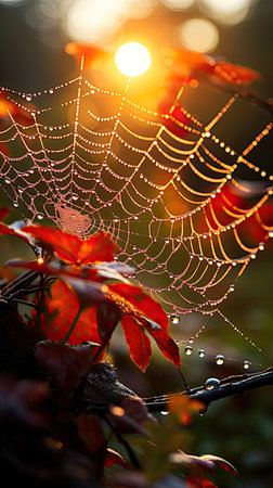a spider web with water droplets on itの素材