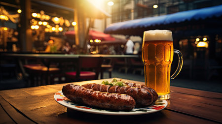 a plate of sausages and a glass of beerの素材