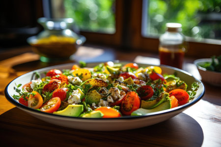 a bowl of salad with tomatoes and avocadoの素材