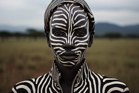 a woman with black and white stripes on her faceの素材