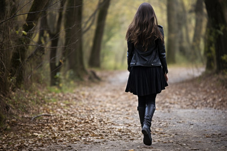 a woman walking on a pathの素材