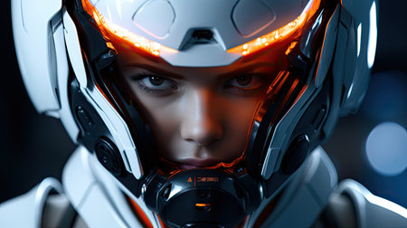 a woman wearing a white helmet with orange lightsの素材