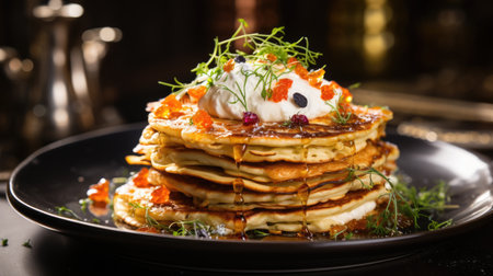 a stack of pancakes with syrup and berries on topの素材