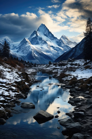 a river running through a snowy mountain rangeの素材