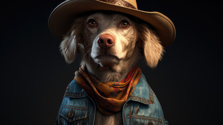 a dog wearing a cowboy hat and a denim jacketの素材