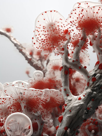 a close up of a tree branch with red and white flowersの素材