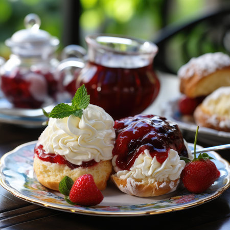 a plate of desserts with strawberries and whipped creamの素材