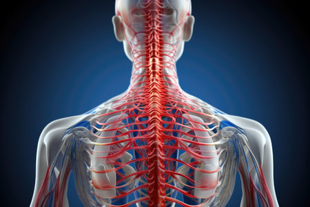 Human body anatomy, highlighted on blue background. 3D illustration.の素材