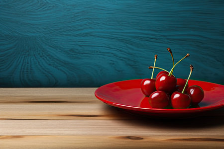 a plate of cherries on a wooden surfaceの素材