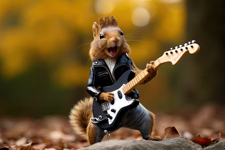 a squirrel wearing a black jacket and holding a guitarの素材