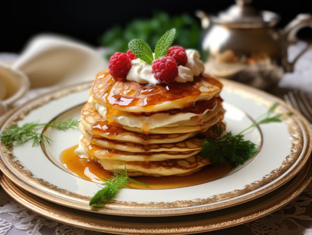 a stack of pancakes with whipped cream and raspberriesの素材