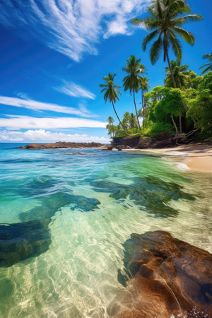 a beach with palm trees and rocksの素材
