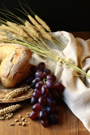 a bread and grapes on a tableの素材