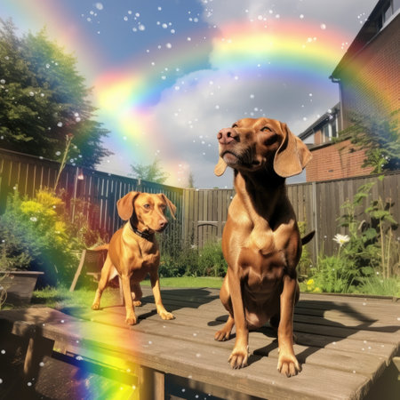 two dogs sitting on a wood table in a backyard with a rainbow in the backgroundの素材