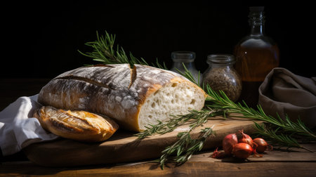 a loaf of bread and spices on a cutting boardの素材