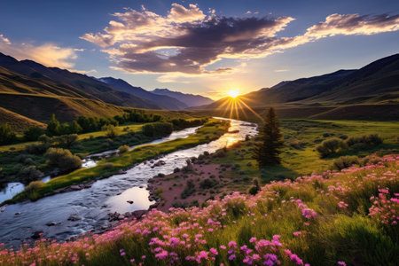 a river running through a valley with flowers