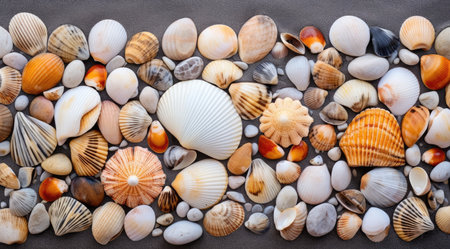 a group of seashells on a grey surfaceの素材