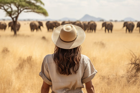 a woman looking at elephants in a fieldの素材