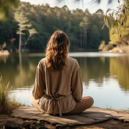 a woman sitting on a rock near a body of waterの素材