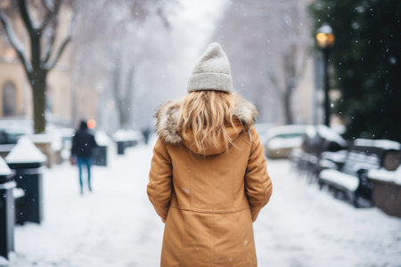 a woman in a brown coat and hat walking down a snowy streetの素材