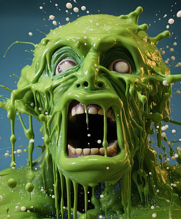 a green slime being sprayed with white dotsの素材
