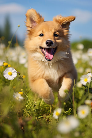a dog running in a field of flowersの素材