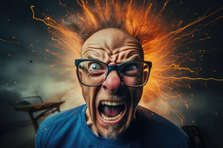 a man with glasses and a lightning coming out of his headの素材